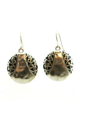 Vintage Silver Tone Round Dangle Earrings With Filigree Design